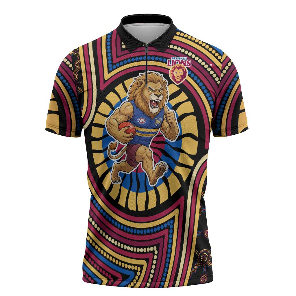 Brisbane Lions Zipper Polo Shirt Indigenous Monochrome Dot Art Mascot Style