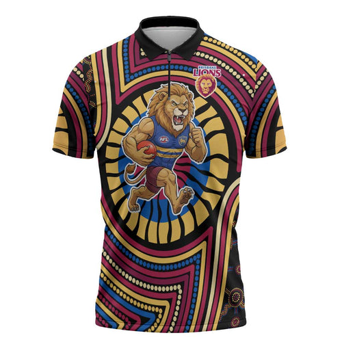 Brisbane Lions Zipper Polo Shirt Indigenous Monochrome Dot Art Mascot Style