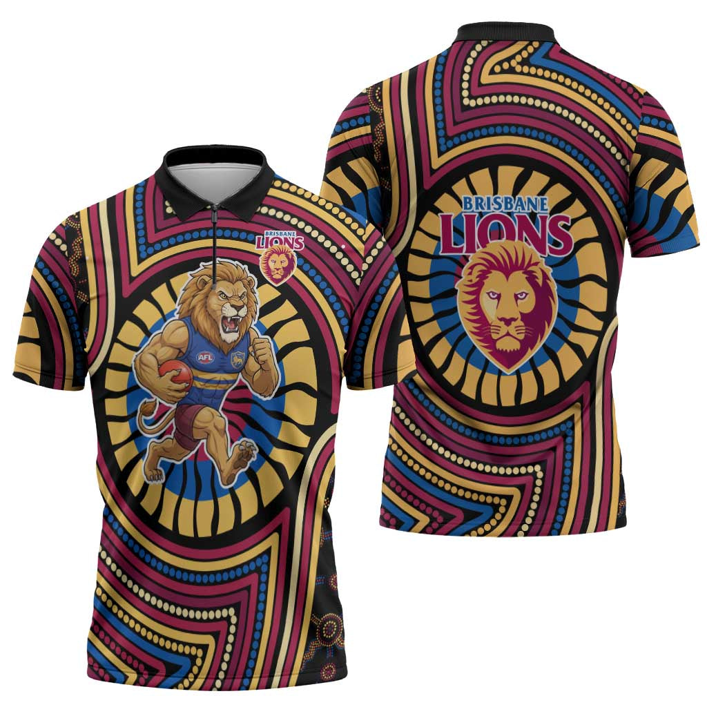 Brisbane Lions Zipper Polo Shirt Indigenous Monochrome Dot Art Mascot Style