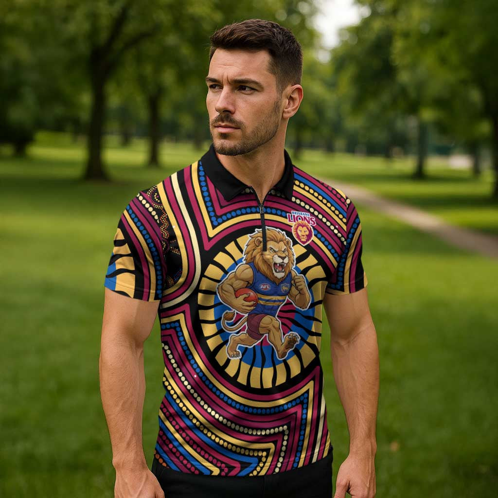 Brisbane Lions Zipper Polo Shirt Indigenous Monochrome Dot Art Mascot Style