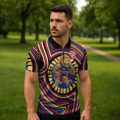 Brisbane Lions Zipper Polo Shirt Indigenous Monochrome Dot Art Mascot Style
