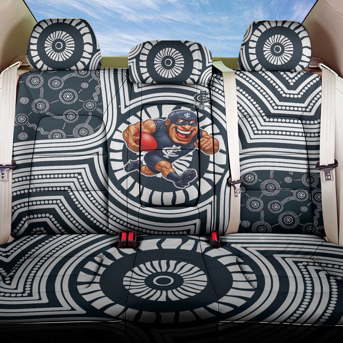 Carlton Football Club Back Car Seat Cover Indigenous Monochrome Dot Art Mascot Style