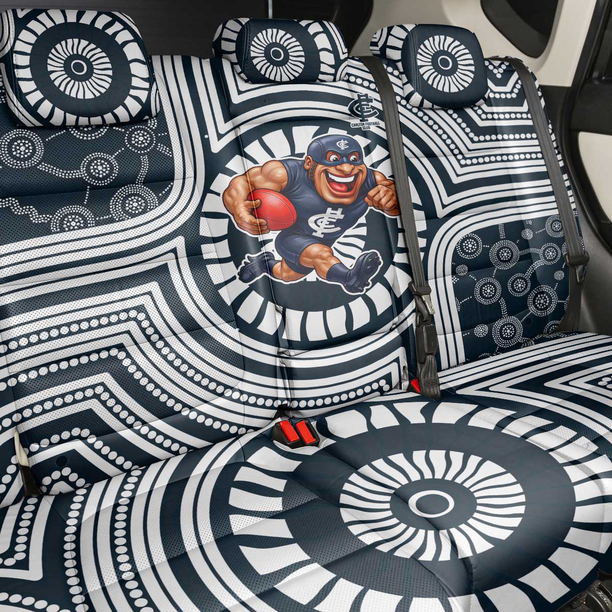 Carlton Football Club Back Car Seat Cover Indigenous Monochrome Dot Art Mascot Style
