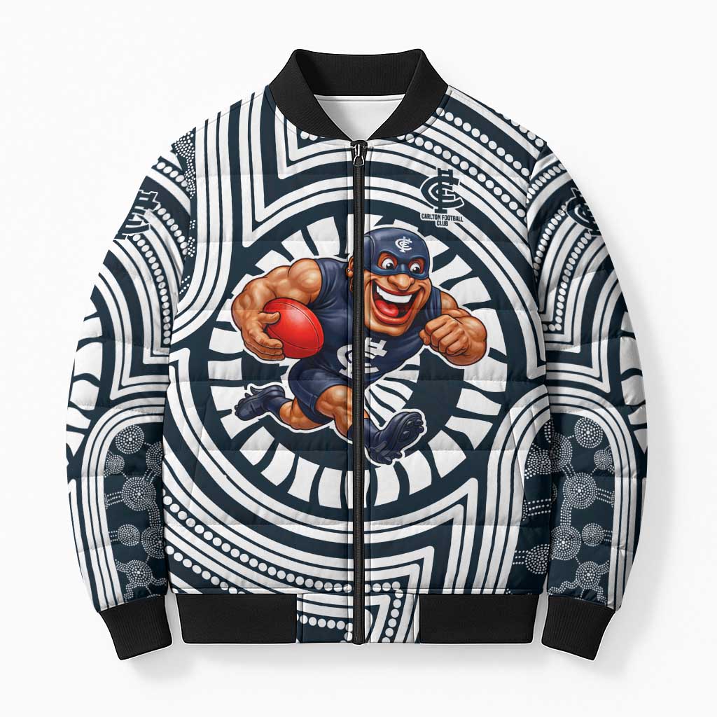 Carlton Football Club Bomber Puffer Jacket Indigenous Monochrome Dot Art Mascot Style