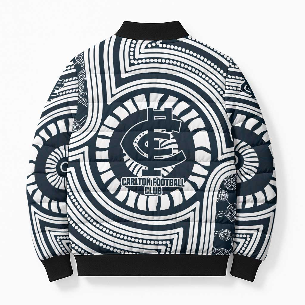 Carlton Football Club Bomber Puffer Jacket Indigenous Monochrome Dot Art Mascot Style