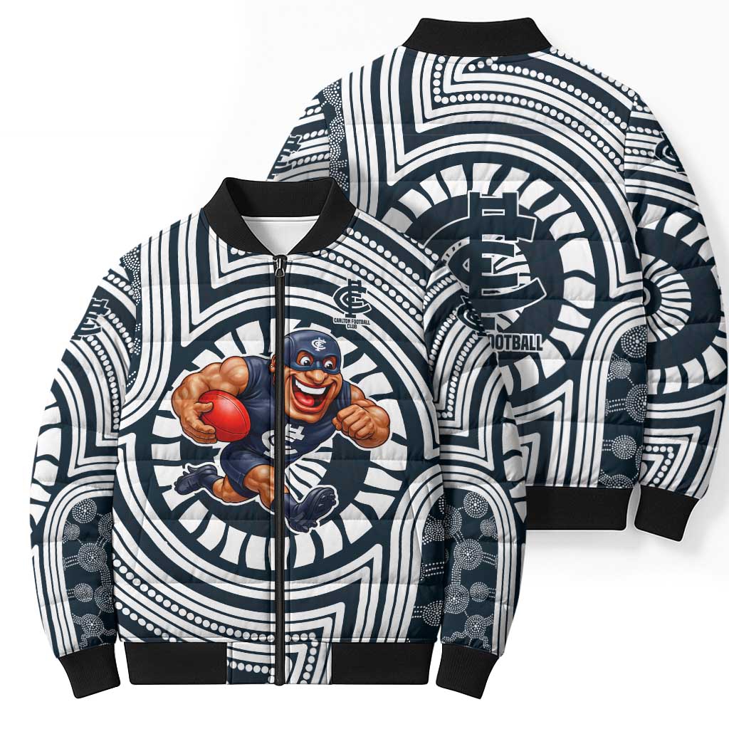 Carlton Football Club Bomber Puffer Jacket Indigenous Monochrome Dot Art Mascot Style