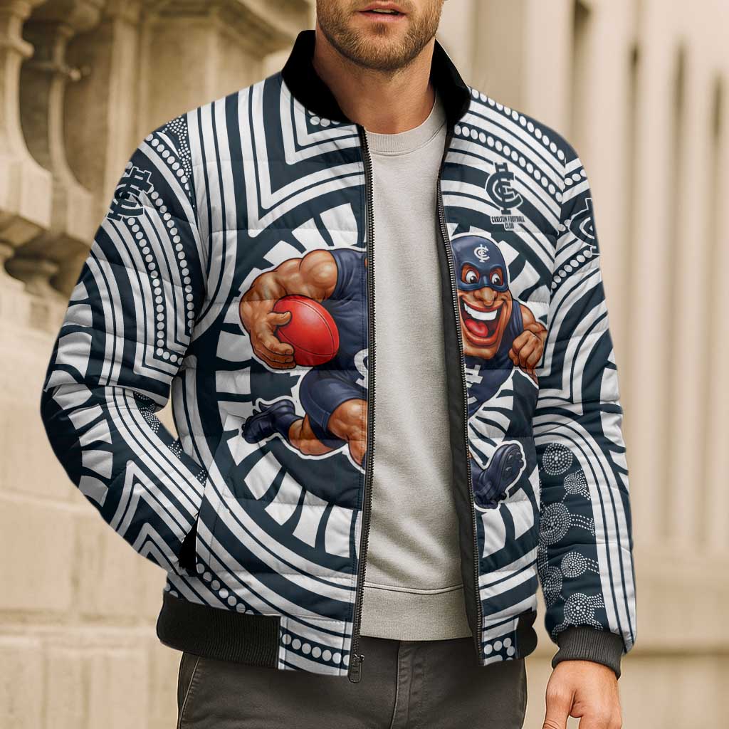 Carlton Football Club Bomber Puffer Jacket Indigenous Monochrome Dot Art Mascot Style