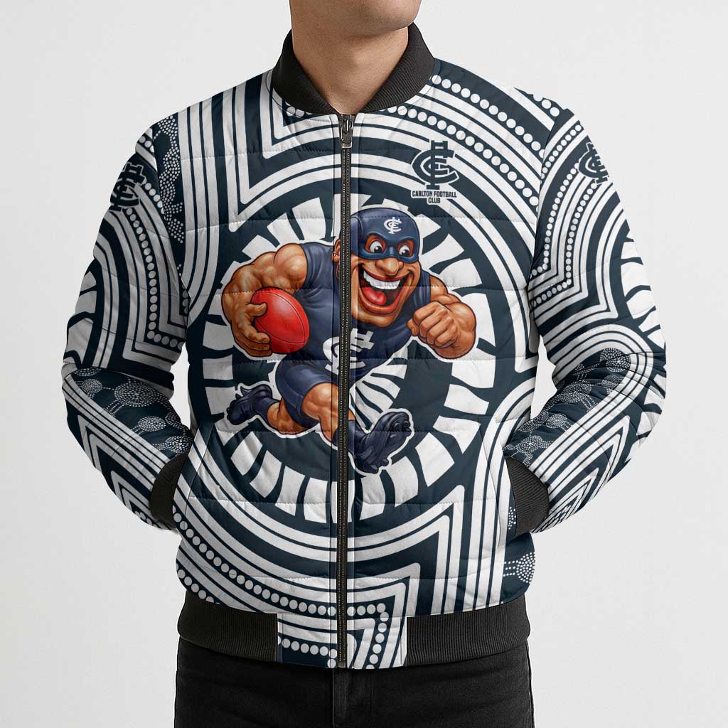 Carlton Football Club Bomber Puffer Jacket Indigenous Monochrome Dot Art Mascot Style
