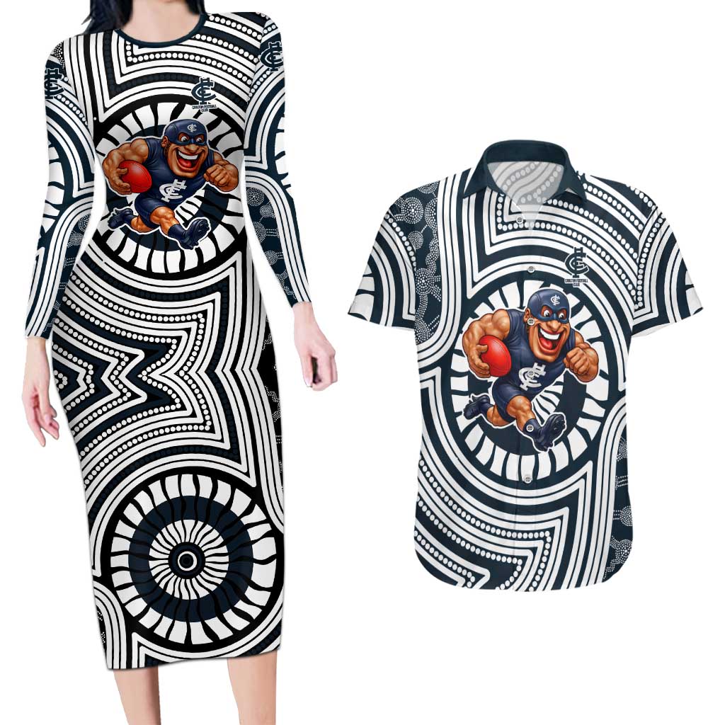 Carlton Football Club Couples Matching Long Sleeve Bodycon Dress and Hawaiian Shirt Indigenous Monochrome Dot Art Mascot Style