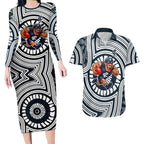 Carlton Football Club Couples Matching Long Sleeve Bodycon Dress and Hawaiian Shirt Indigenous Monochrome Dot Art Mascot Style