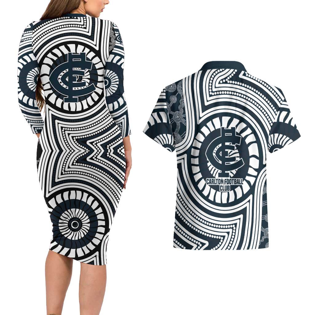Carlton Football Club Couples Matching Long Sleeve Bodycon Dress and Hawaiian Shirt Indigenous Monochrome Dot Art Mascot Style