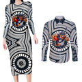 Carlton Football Club Couples Matching Long Sleeve Bodycon Dress and Long Sleeve Button Shirt Indigenous Monochrome Dot Art Mascot Style