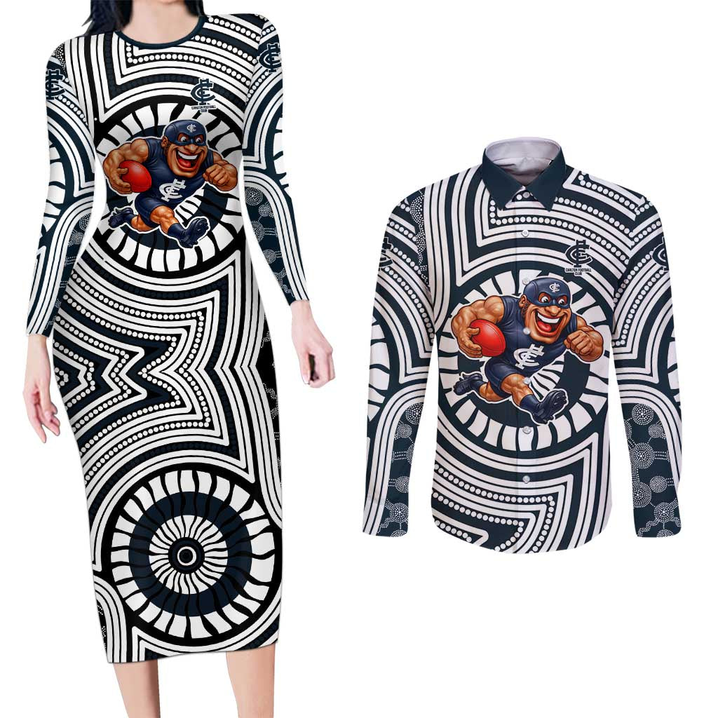 Carlton Football Club Couples Matching Long Sleeve Bodycon Dress and Long Sleeve Button Shirt Indigenous Monochrome Dot Art Mascot Style