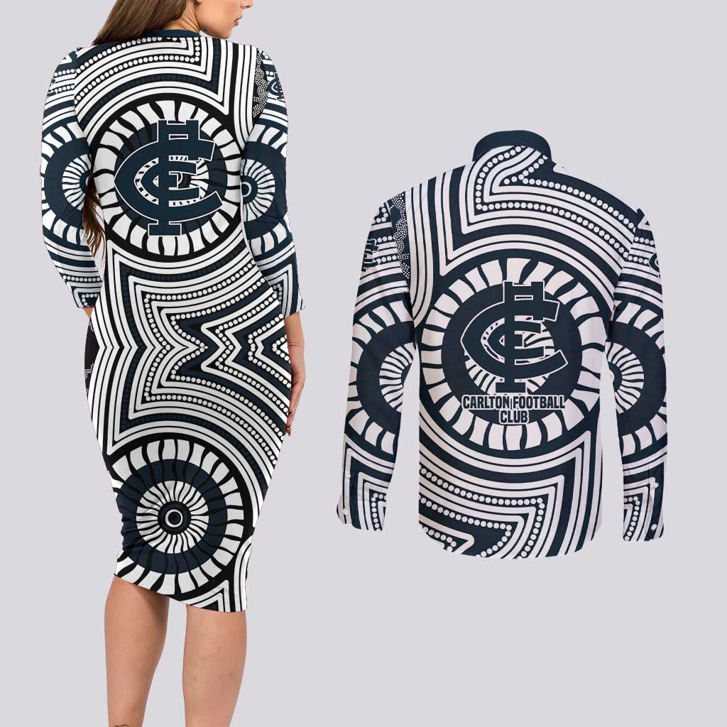 Carlton Football Club Couples Matching Long Sleeve Bodycon Dress and Long Sleeve Button Shirt Indigenous Monochrome Dot Art Mascot Style