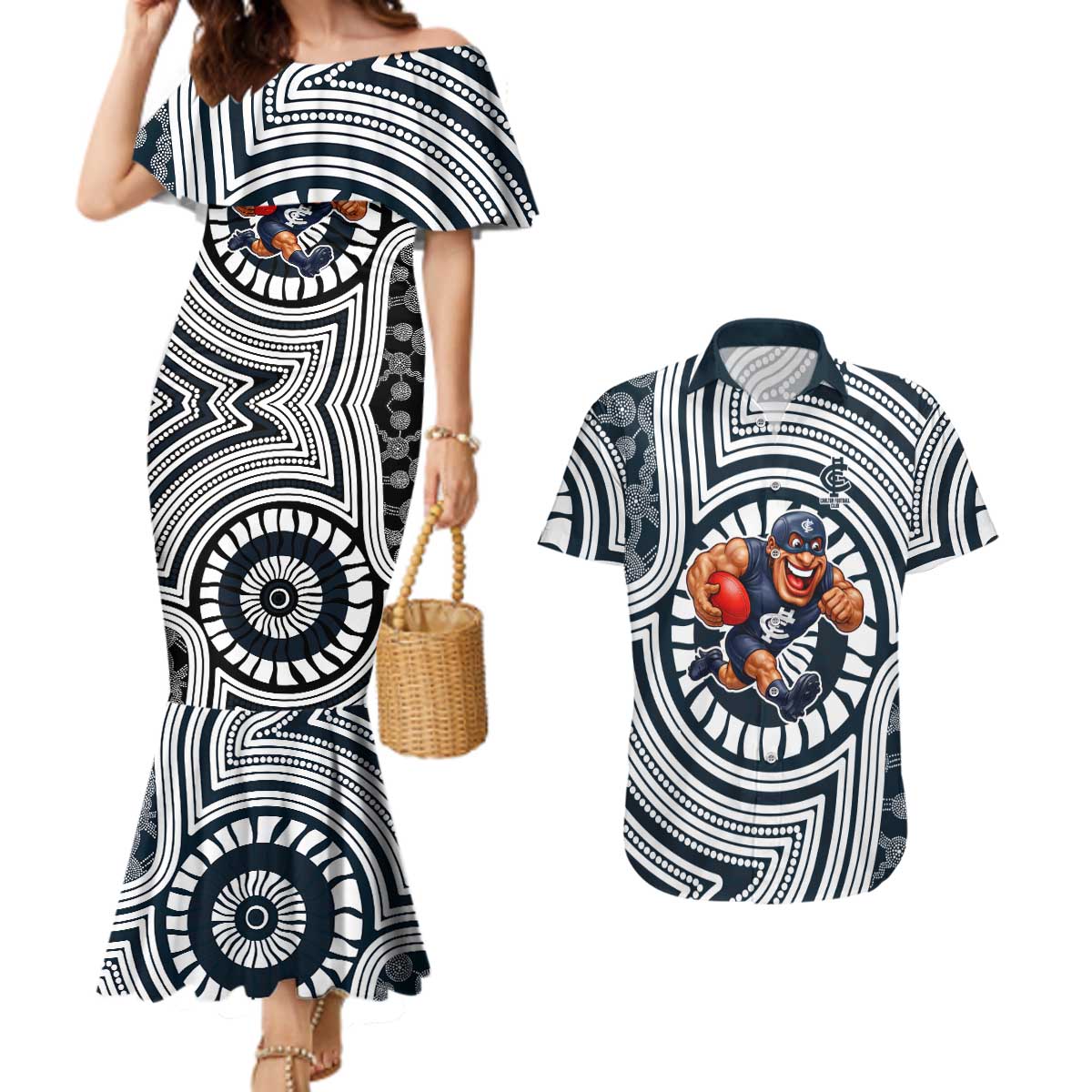 Carlton Football Club Couples Matching Mermaid Dress and Hawaiian Shirt Indigenous Monochrome Dot Art Mascot Style