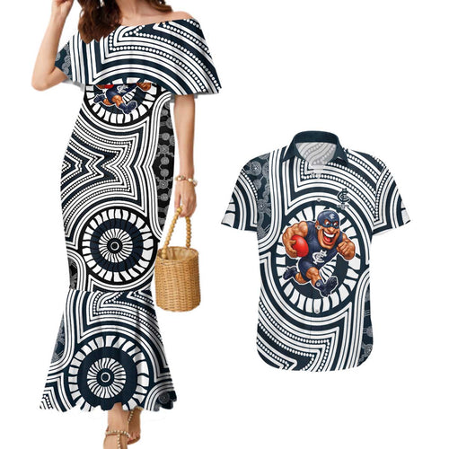 Carlton Football Club Couples Matching Mermaid Dress and Hawaiian Shirt Indigenous Monochrome Dot Art Mascot Style