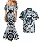 Carlton Football Club Couples Matching Mermaid Dress and Hawaiian Shirt Indigenous Monochrome Dot Art Mascot Style