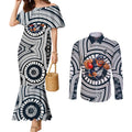 Carlton Football Club Couples Matching Mermaid Dress and Long Sleeve Button Shirt Indigenous Monochrome Dot Art Mascot Style