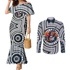 Carlton Football Club Couples Matching Mermaid Dress and Long Sleeve Button Shirt Indigenous Monochrome Dot Art Mascot Style