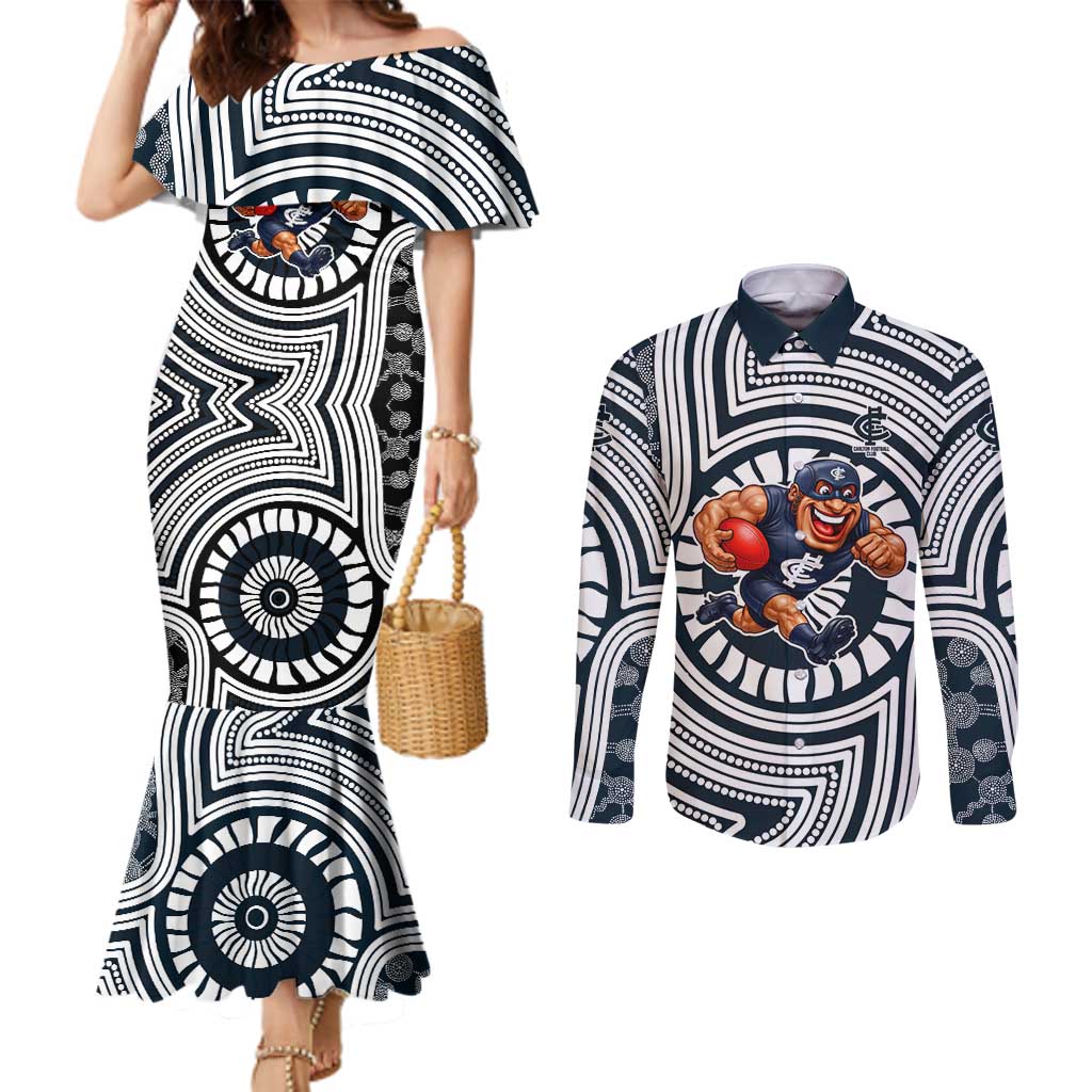 Carlton Football Club Couples Matching Mermaid Dress and Long Sleeve Button Shirt Indigenous Monochrome Dot Art Mascot Style
