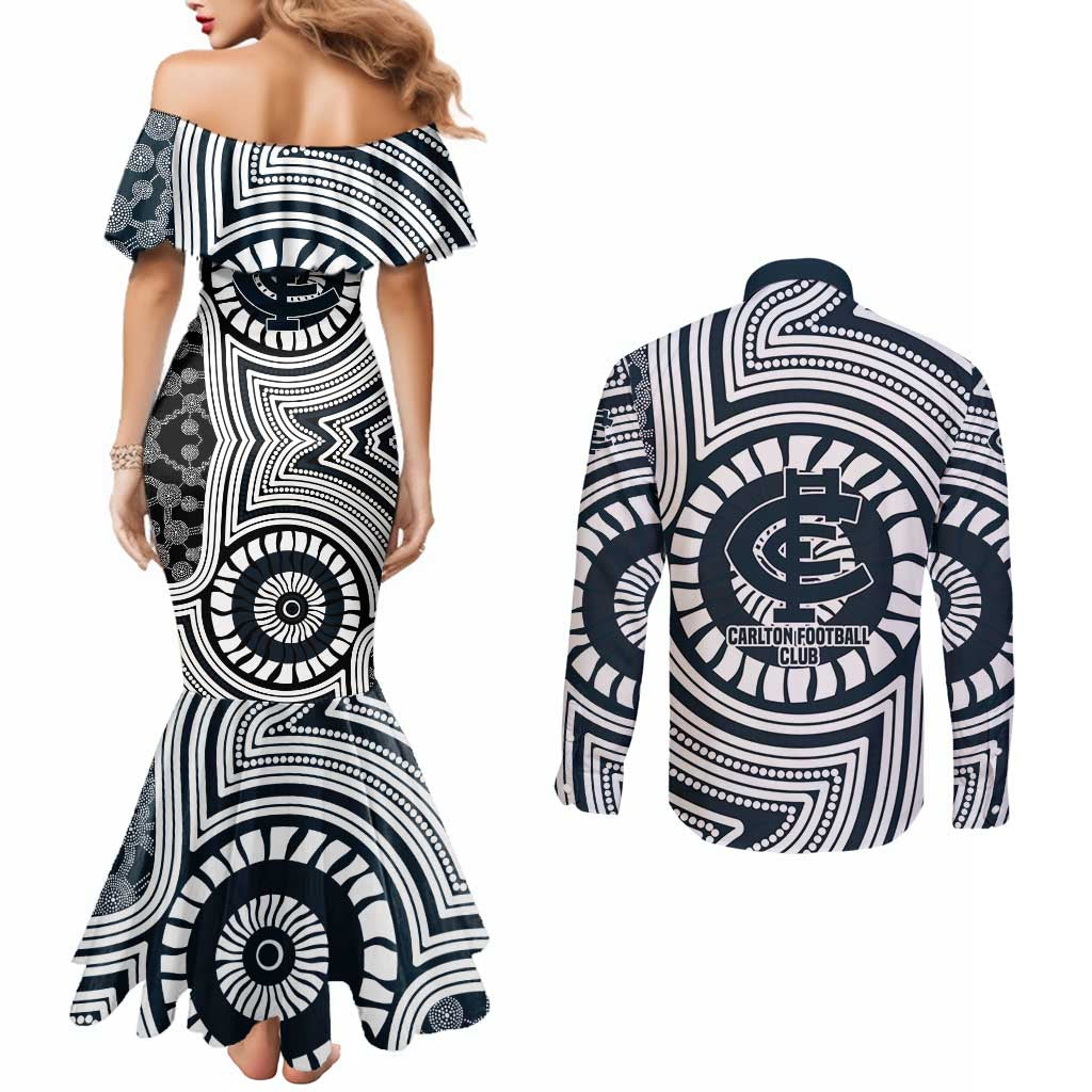 Carlton Football Club Couples Matching Mermaid Dress and Long Sleeve Button Shirt Indigenous Monochrome Dot Art Mascot Style