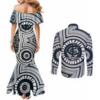 Carlton Football Club Couples Matching Mermaid Dress and Long Sleeve Button Shirt Indigenous Monochrome Dot Art Mascot Style