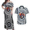 Carlton Football Club Couples Matching Off Shoulder Maxi Dress and Hawaiian Shirt Indigenous Monochrome Dot Art Mascot Style