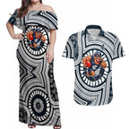 Carlton Football Club Couples Matching Off Shoulder Maxi Dress and Hawaiian Shirt Indigenous Monochrome Dot Art Mascot Style
