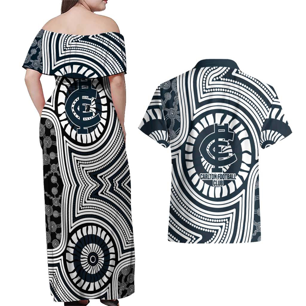 Carlton Football Club Couples Matching Off Shoulder Maxi Dress and Hawaiian Shirt Indigenous Monochrome Dot Art Mascot Style
