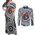 Carlton Football Club Couples Matching Off Shoulder Maxi Dress and Long Sleeve Button Shirt Indigenous Monochrome Dot Art Mascot Style