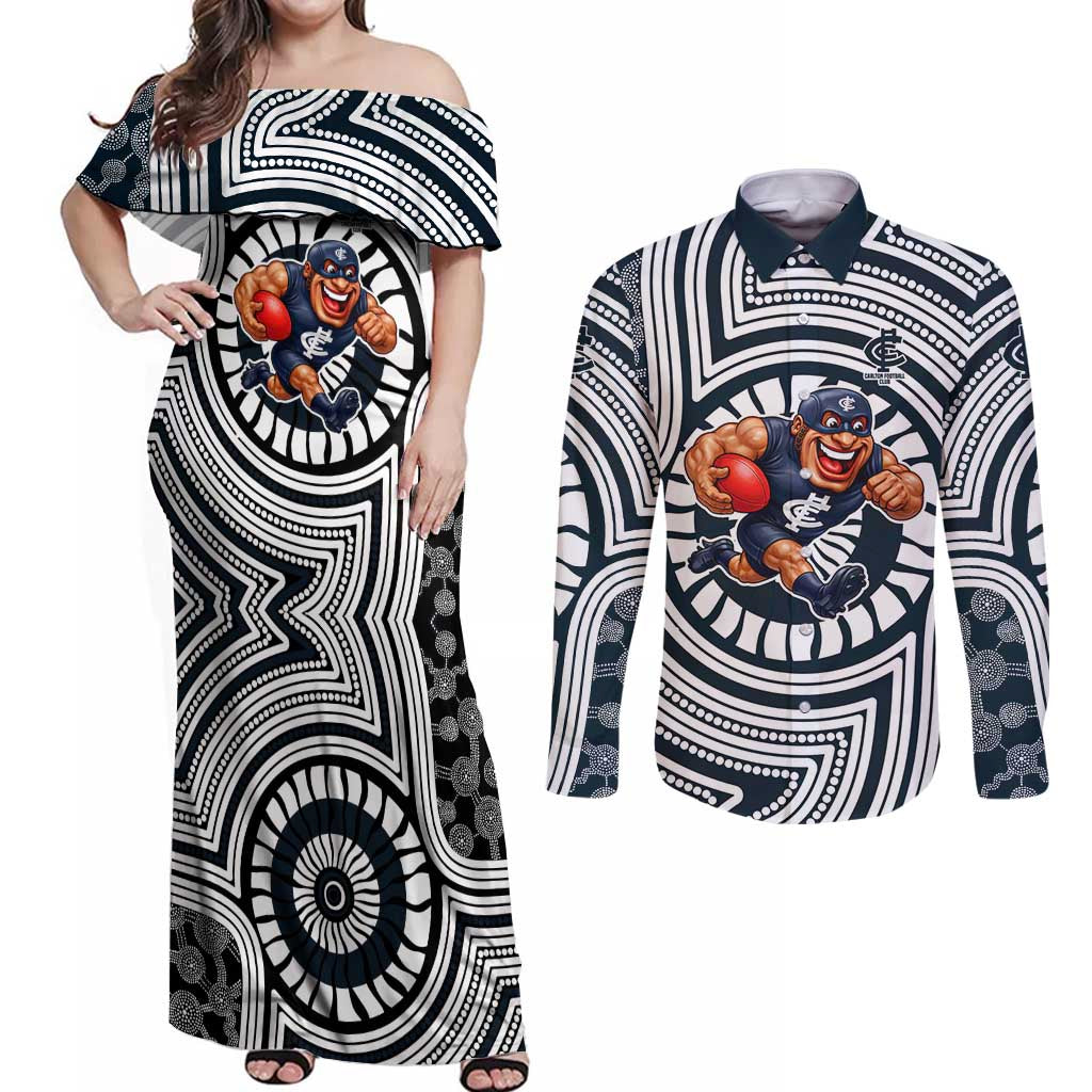 Carlton Football Club Couples Matching Off Shoulder Maxi Dress and Long Sleeve Button Shirt Indigenous Monochrome Dot Art Mascot Style