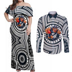 Carlton Football Club Couples Matching Off Shoulder Maxi Dress and Long Sleeve Button Shirt Indigenous Monochrome Dot Art Mascot Style