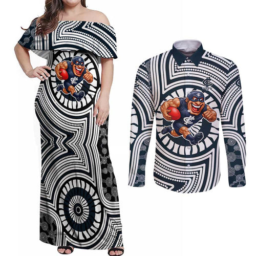 Carlton Football Club Couples Matching Off Shoulder Maxi Dress and Long Sleeve Button Shirt Indigenous Monochrome Dot Art Mascot Style