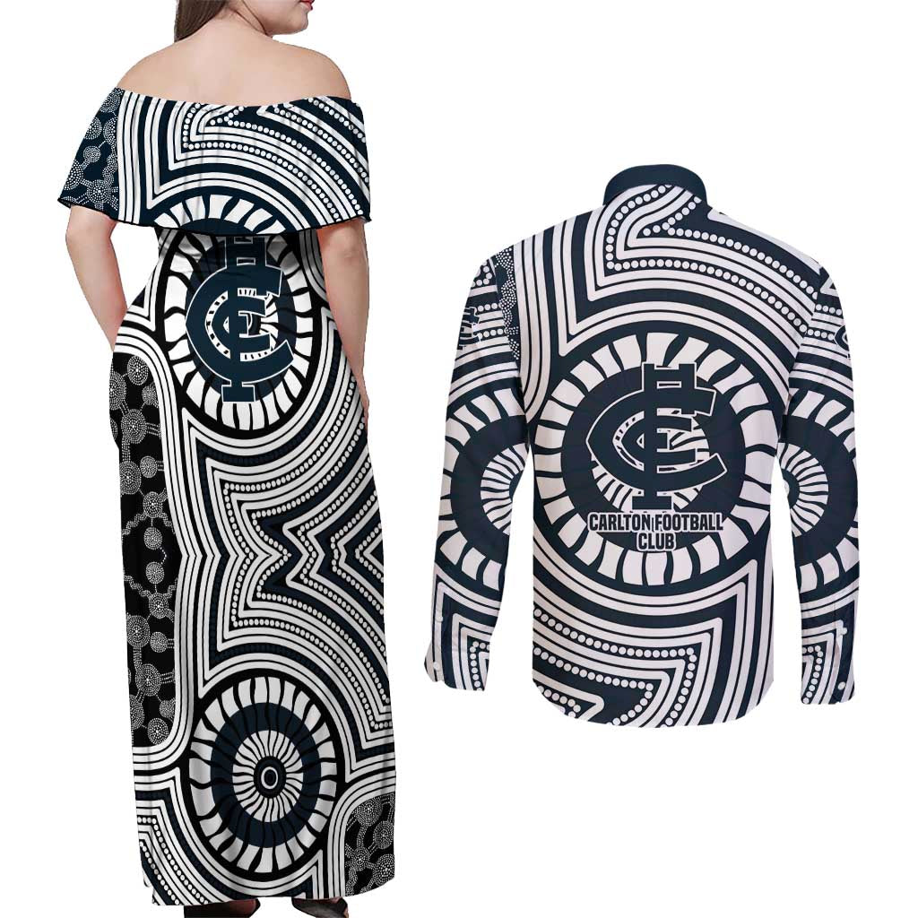 Carlton Football Club Couples Matching Off Shoulder Maxi Dress and Long Sleeve Button Shirt Indigenous Monochrome Dot Art Mascot Style