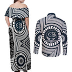 Carlton Football Club Couples Matching Off Shoulder Maxi Dress and Long Sleeve Button Shirt Indigenous Monochrome Dot Art Mascot Style