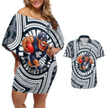 Carlton Football Club Couples Matching Off Shoulder Short Dress and Hawaiian Shirt Indigenous Monochrome Dot Art Mascot Style