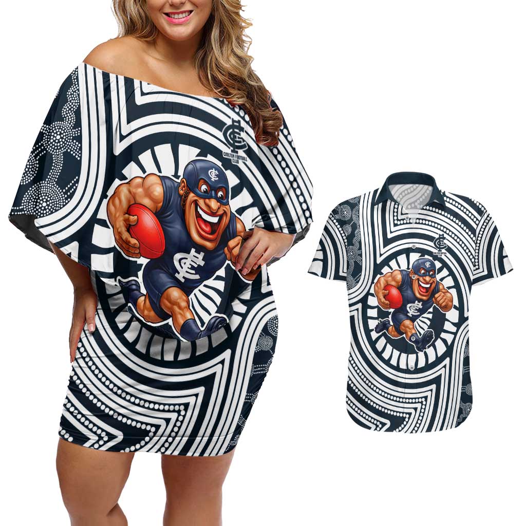 Carlton Football Club Couples Matching Off Shoulder Short Dress and Hawaiian Shirt Indigenous Monochrome Dot Art Mascot Style