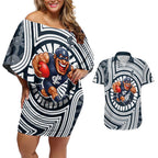 Carlton Football Club Couples Matching Off Shoulder Short Dress and Hawaiian Shirt Indigenous Monochrome Dot Art Mascot Style