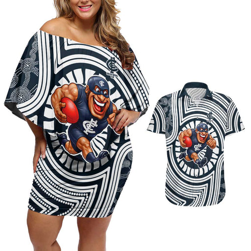 Carlton Football Club Couples Matching Off Shoulder Short Dress and Hawaiian Shirt Indigenous Monochrome Dot Art Mascot Style