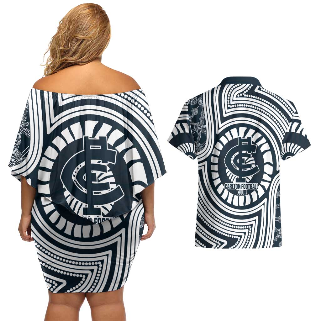 Carlton Football Club Couples Matching Off Shoulder Short Dress and Hawaiian Shirt Indigenous Monochrome Dot Art Mascot Style