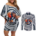 Carlton Football Club Couples Matching Off Shoulder Short Dress and Long Sleeve Button Shirt Indigenous Monochrome Dot Art Mascot Style