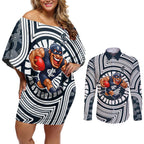 Carlton Football Club Couples Matching Off Shoulder Short Dress and Long Sleeve Button Shirt Indigenous Monochrome Dot Art Mascot Style