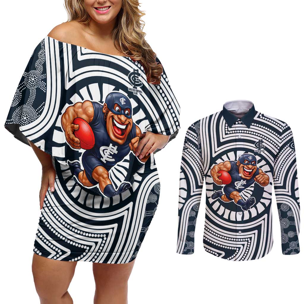 Carlton Football Club Couples Matching Off Shoulder Short Dress and Long Sleeve Button Shirt Indigenous Monochrome Dot Art Mascot Style