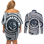 Carlton Football Club Couples Matching Off Shoulder Short Dress and Long Sleeve Button Shirt Indigenous Monochrome Dot Art Mascot Style