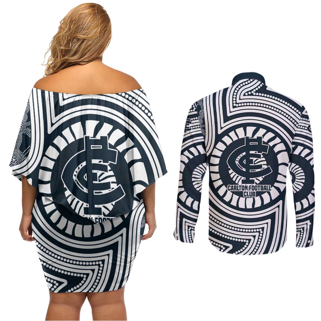 Carlton Football Club Couples Matching Off Shoulder Short Dress and Long Sleeve Button Shirt Indigenous Monochrome Dot Art Mascot Style