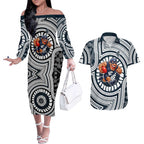 Carlton Football Club Couples Matching Off The Shoulder Long Sleeve Dress and Hawaiian Shirt Indigenous Monochrome Dot Art Mascot Style