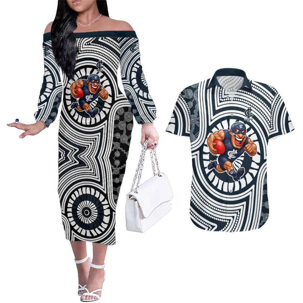 Carlton Football Club Couples Matching Off The Shoulder Long Sleeve Dress and Hawaiian Shirt Indigenous Monochrome Dot Art Mascot Style