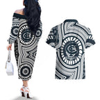 Carlton Football Club Couples Matching Off The Shoulder Long Sleeve Dress and Hawaiian Shirt Indigenous Monochrome Dot Art Mascot Style