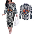 Carlton Football Club Couples Matching Off The Shoulder Long Sleeve Dress and Long Sleeve Button Shirt Indigenous Monochrome Dot Art Mascot Style