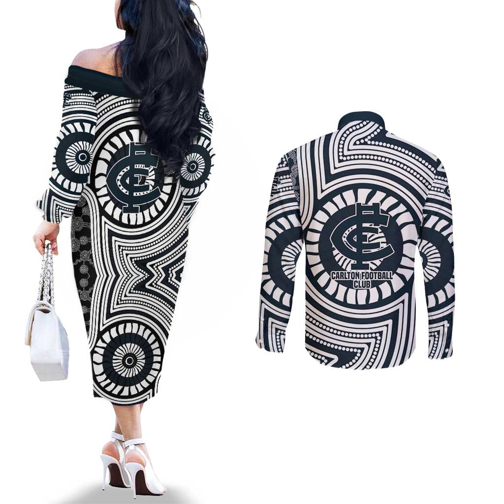 Carlton Football Club Couples Matching Off The Shoulder Long Sleeve Dress and Long Sleeve Button Shirt Indigenous Monochrome Dot Art Mascot Style